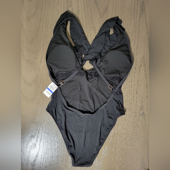 NWT Bar III Deep Plunge Ruffle Neck Cross Back Cheeky One-Piece Swimsuit - Picture 4 of 6
